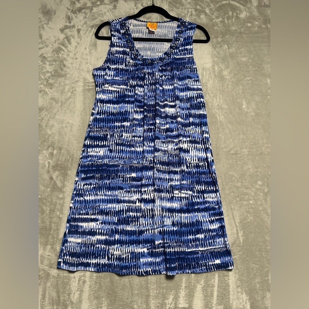 Ruby Rd Shift Midi Dress Women’s Medium Petite Blue Beaded Tie Dye